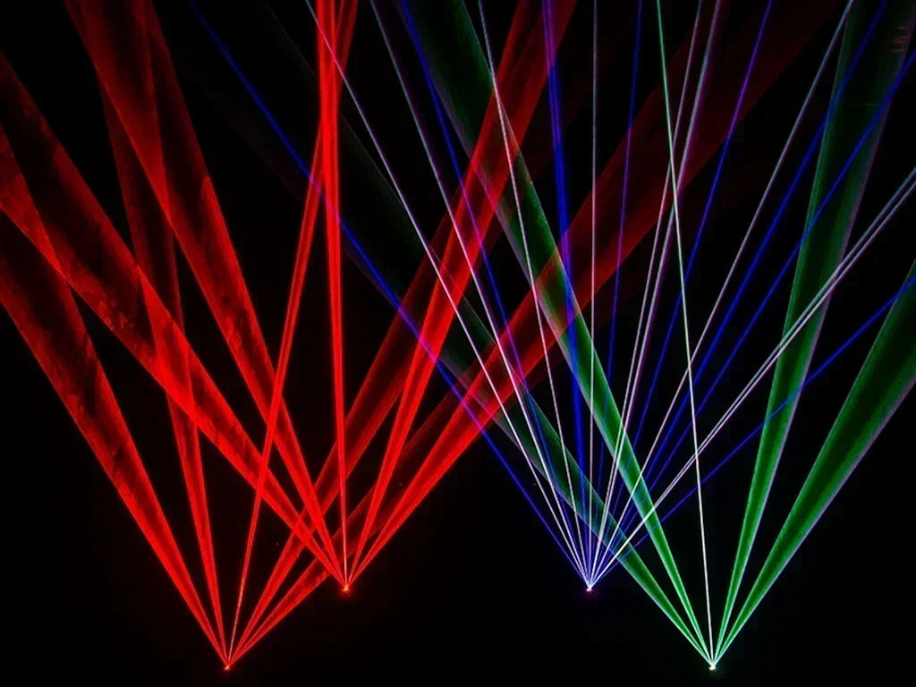 An image showing four lasers outputing beams, the two on the left doing the same thing and the two on the right doing different things