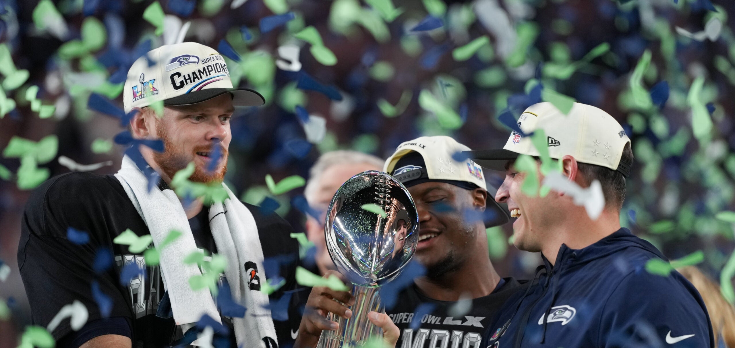 Confetti falling around athletes at a football game